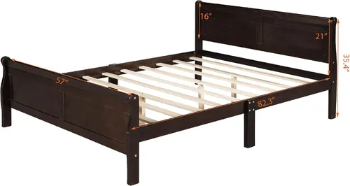 Vista 2 de Cama de plataforma de madera maciza tamaño matrimonial con cabecera y estribo de trineo, base de cama de plataforma de madera completa con Espresso