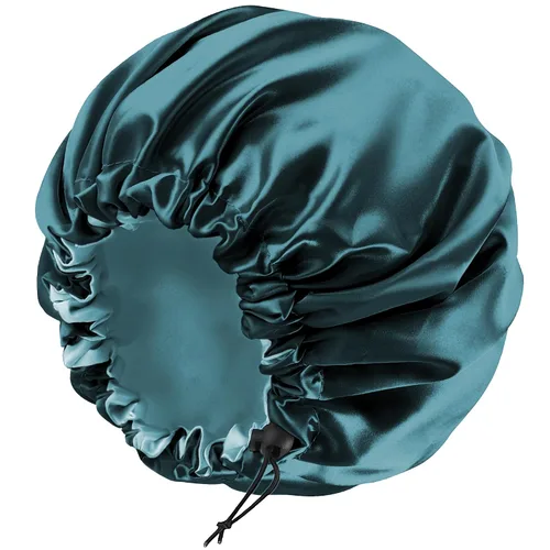 Vista 8 de Gorro de seda de satén para cabello rizado, gorro trenzado para dormir, para mujer, grande, doble capa ajustable (2 unidades, negro) Double Layer