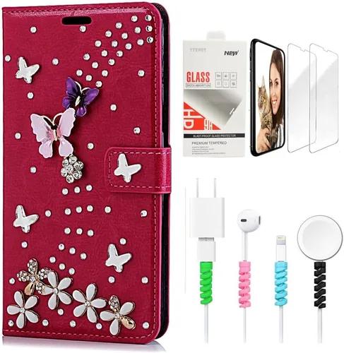 Vista 6 de Bling - Funda de piel con tapa para Samsung Galaxy S21 Ultra con diseño de corona en 3D hecha a mano con protector de pantalla y protector de cable