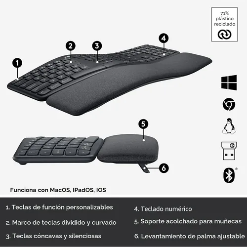 Vista 6 de Logitech Ergo K860 - Teclado inalámbrico ergonómico dividido