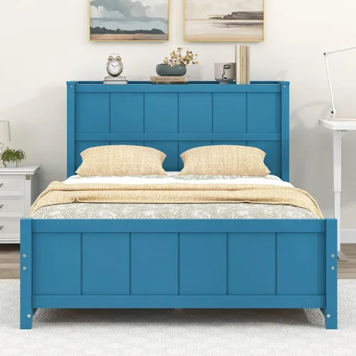 Vista 4 de Cama de plataforma de tamaño matrimonial con cajones y estantes de almacenamiento, base de cama de madera maciza, base de colchón con cabecera