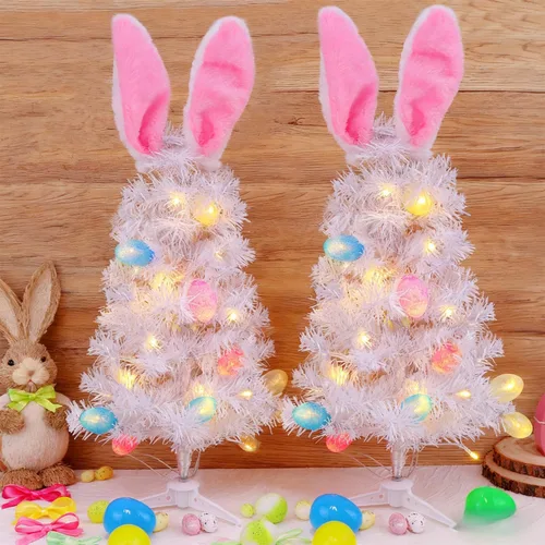 Vista 9 de Dynaming Decoraciones de mesa de Pascua, árbol blanco de conejo de Pascua iluminado de 23 pulgadas, árbol de mesa artificial preiluminado con orejas