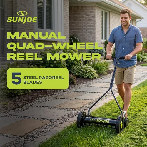 Vista 2 de Sun Joe Cortacésped manual con carrete de empuje con 9 posiciones ajustables, ancho de corte de 14 pulgadas, máquina de corte de patio resistente