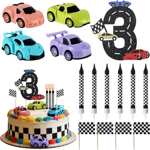 Vista 9 de Decoración para tartas de auto de carreras, 15 piezas, decoración de cumpleaños de autos de carreras, velas de cumpleaños falg a cuadros