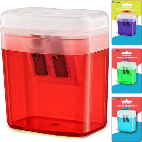 Vista 8 de Sacapuntas manual de doble agujero, color azul, sacapuntas de lápices jumbo con tapa y contenedor, sacapuntas de color de mano para lápices grandes