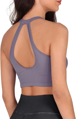 Vista 4 de ODODOS Paquete de 2 camisetas cortas sin costuras Henley para mujer, con espalda abierta, acanalada, con botones