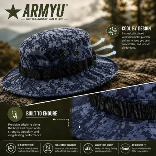 Vista 5 de Sombrero táctico Boonie Militar Sombrero Sombrero Camo Digital o Sólido Ala Ancha Sol Pesca Bush Booney Caza Headwear ACU Digital Camo