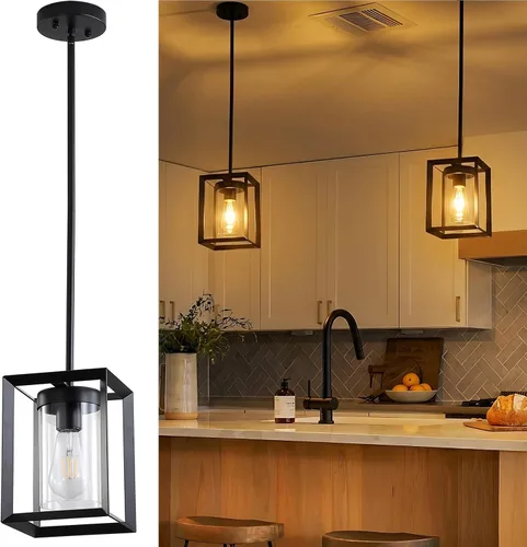 Vista 11 de Paquete de 1 lámpara colgante de isla de cocina negra de granja, altura ajustable, barra de metal colgante moderna con jaula de metal, pantalla