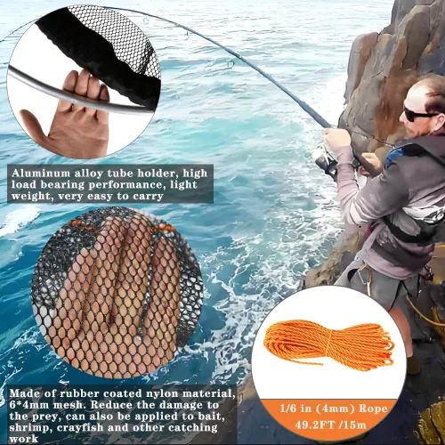 Vista 4 de Drasry Foldable Bridge and Pier Fishing Net Landing Net High Load-Bearing Aluminum Ring Drop Net for Saltwater Freshwater Pier Fishing Baskets Net