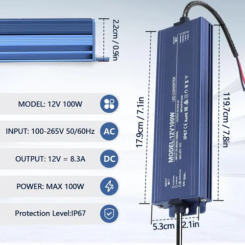 Vista 2 de Controlador LED de 12 V 100 W impermeable IP67, transformador LED ultra delgado de 110 V CA a 12 V CC 8.3 A 100 vatios silencioso convertidor