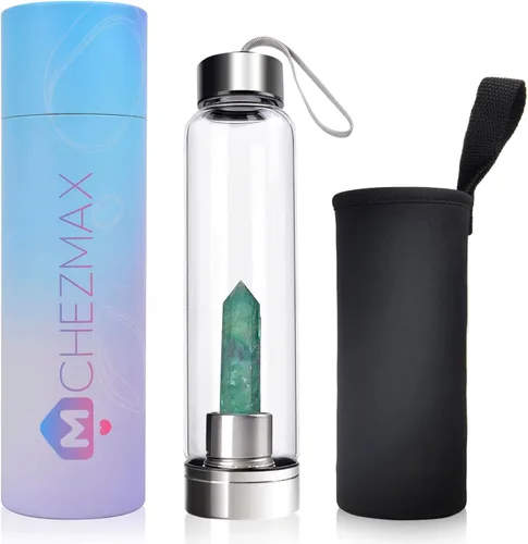 Vista 18 de ChezMax Botella de agua en cristal con centro de cristal natural intercambiable 18.6Oz, Natural Quartz Gemstone, Juice Container with Lid Sleeve