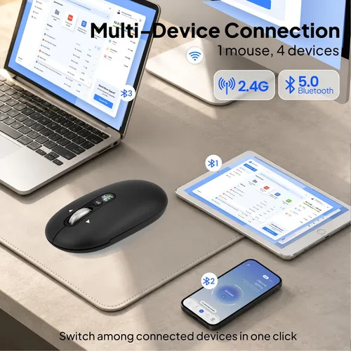 Vista 2 de Ratón Bluetooth inalámbrico, USB + BT × 2, Slim Pebble Multi Device Small Travel Ratones de viaje, Metal 4 Way Super Scrolling, ± 3000 DPI, 8