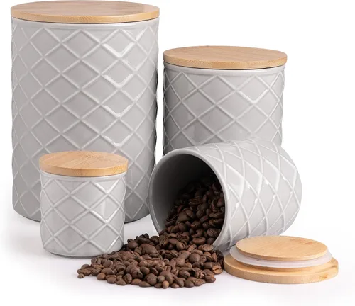 Vista 8 de Sweejar Juego de recipientes de cerámica para encimera de cocina, tarro de almacenamiento de alimentos en relieve con tapa de bambú, recipiente