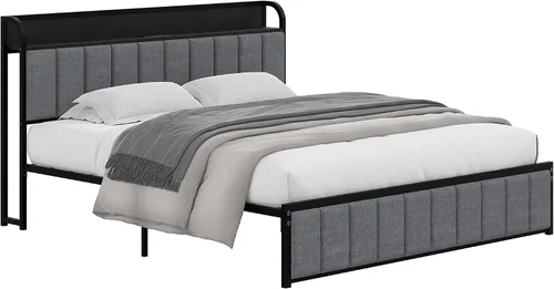 Vista 8 de VECELO Marco de cama Full, cabecera tapizada con almacenamiento y estación de carga, marco de cama de plataforma, listones de metal resistente,