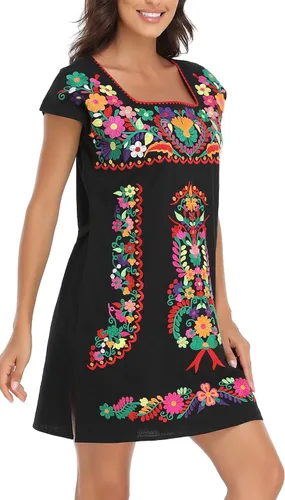 Vista 3 de YZXDORWJ Vestido bordado mexicano sin mangas con cuello de volantes para mujer