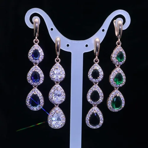 Vista 5 de LMXXVJ Juego de collar y aretes largos, chapado en oro blanco, juego de joyas de zafiro azul creado, joyería de regalo para boda, fiesta de boda