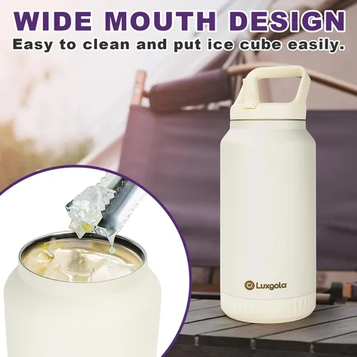 Vista 4 de Botella de agua aislada de 64 onzas, vaso de acero inoxidable al vacío de medio galón con tapa abatible con popote y asa superior, mantiene