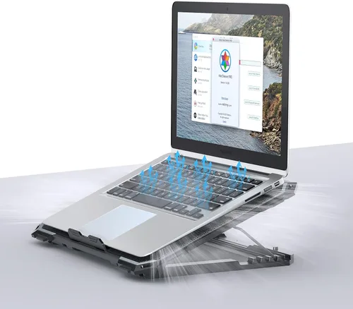 Vista 6 de KYOLLY Alfombrilla de refrigeración mejorada para laptop, enfriador de laptop para juegos con 5 ventiladores silenciosos, 2 puertos USB, 5 alturas