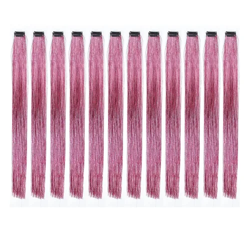 Vista 21 de SWACC 12 extensiones de cabello lacio de un color con clip, para mujer, extensiones de cabello sintético con rayas de color (rubio beige)