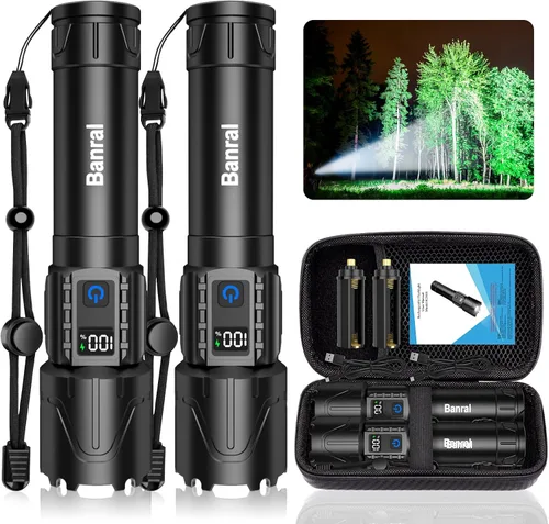 Vista 16 de Linternas tácticas recargables Banral de 2000 lúmenes altos - 5000mAh súper brillantes, linterna LED potente impermeable, linterna USB C portátil