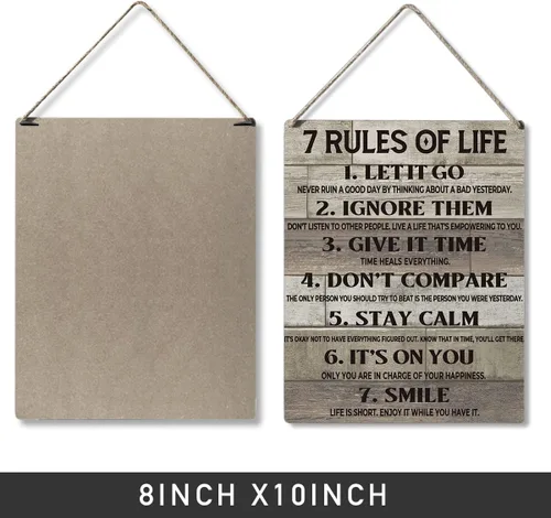 Vista 2 de Qious Letreros de Regalo Inspiradores 7 Reglas de la Vida Déjalo Ir Ignóralos Dale Tiempo No Compares Mantente Tranquilo Letrero Colgante de Madera