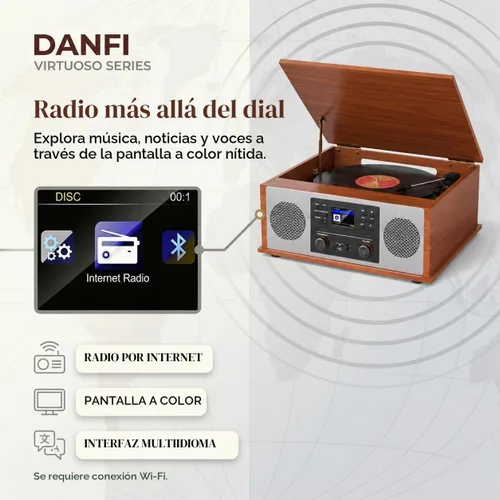 Vista 2 de Tocadiscos Bluetooth retro 10 en 1 con altavoces estéreo, tocadiscos de vinilo de 3 velocidades, reproductor de CD, reproducción y grabación USB/SD
