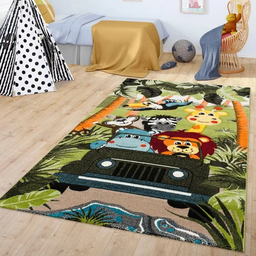 Vista 9 de Paco Home Alfombra de guardería para niños, animales de la selva, locomotora, efecto 3D, color verde crema, tamaño: 4' x 5'7" Crema-verde