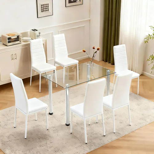 Vista 10 de Karl home Juego de 4 sillas de comedor, sillas de cocina de cuero sintético PU negro con respaldo alto acolchado y protección de tapas para pies