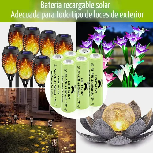 Vista 2 de Lightalent Pilas Recargables Ni-MH AA, Batería Precargada de Alta Capacidad Doble A 1.2V para Luces Solares Exteriores (AA-600mAh-12pack)