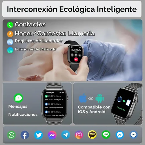 Vista 2 de Reloj inteligente para hombre para Android iPhone 1.83" HD 3 bandas Negro