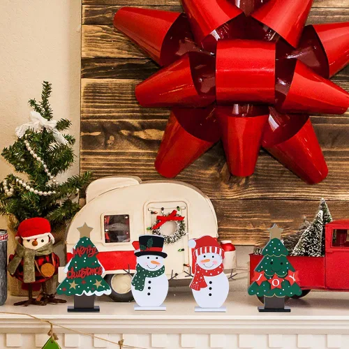 Vista 5 de DECSPAS Decoraciones navideñas para interiores, 4 piezas de árboles de Navidad de madera y muñecos de nieve para decoración de mesa de centro