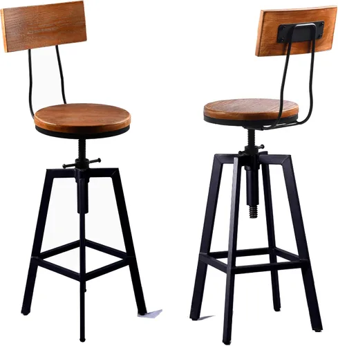 Vista 9 de Taburetes de bar industriales, silla de comedor de cocina, taburete de metal de madera, silla giratoria de altura ajustable, negro, juego de 2
