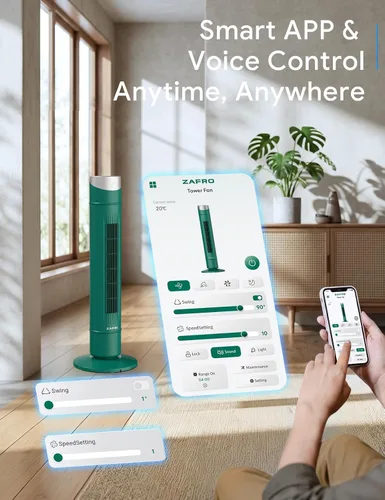 Vista 36 de ZAFRO Ventilador de torre inteligente para dormitorio, ventilador de torre oscilante de 120°, 28 pies/s de alta velocidad, 12 velocidades, 4 modos