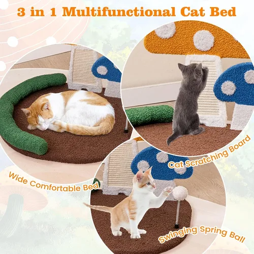 Vista 5 de Tangkula Cama para Gatos en Forma de Seta, Rascador para Gatos con Plataforma Amplia y Elevada, Panel de Rascado de Sisal, Bola de Resorte
