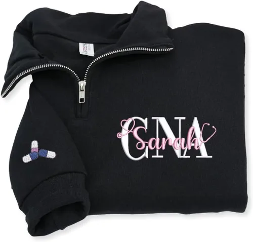 Vista 20 de COUPLEHOODIES - Sudadera de enfermería bordada con nombre, personalizada, con cremallera de un cuarto, regalo para asistente de enfermería