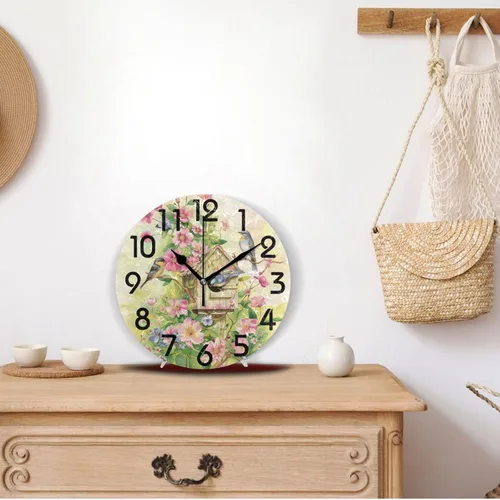 Vista 4 de Pretty Sping Flowers Birdhouse Family Birds Reloj de pared redondo, 10 pulgadas, analógico, silencioso, sin tictac, para el hogar, cocina, sala
