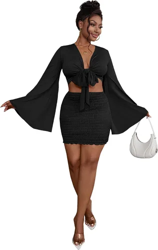 Vista 5 de LYANER Conjunto de 2 piezas para mujer, con nudo frontal, acampanada, manga larga y minifalda