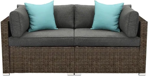 Vista 10 de COSIEST Juego de 2 sillas complementarias sin brazos para muebles de exterior para expandir sofá seccional de mimbre marrón chocolate con cojines