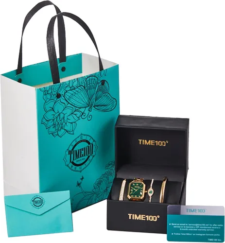 Vista 6 de TIME100 Women's Rectangle Bracelet Watch Set Premium Crystal Accented Bangle Watch W50889L Dorado