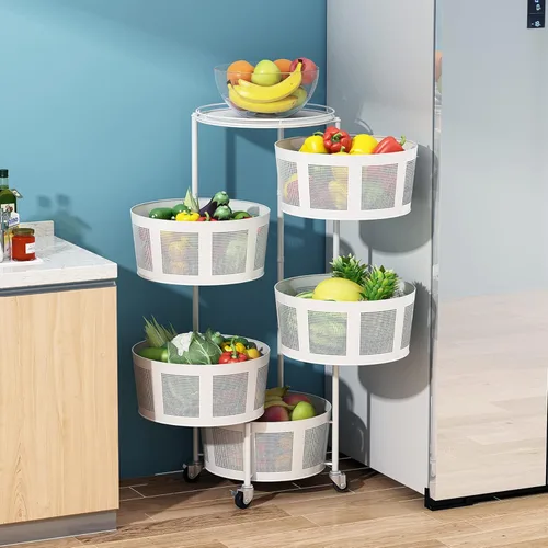 Vista 3 de Cestas giratorias de cocina con ruedas redondas de malla de 5 niveles, organizador de frutas y verduras, almacenamiento rodante con ruedas