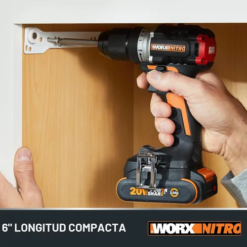 Vista 3 de Worx Nitro - Taladro percutor inalámbrico de 20V de 1/2" con motor sin escobillas, compacto y ligero de solo 6" y 3 libras, compatible con Power