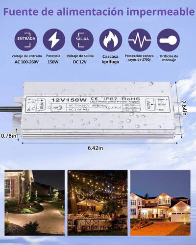 Vista 2 de Idealy Fuente de alimentación LED de 150 W 12 V CC, adaptador de controlador LED de transformador de bajo voltaje impermeable IP67, convertidor