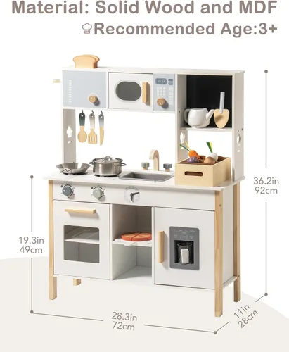 Vista 6 de ROBUD Cocina de juguete para niños – Cocina de juguete de madera con caja de plantación, juego de cocina Montessori con máquina de hielo y horno