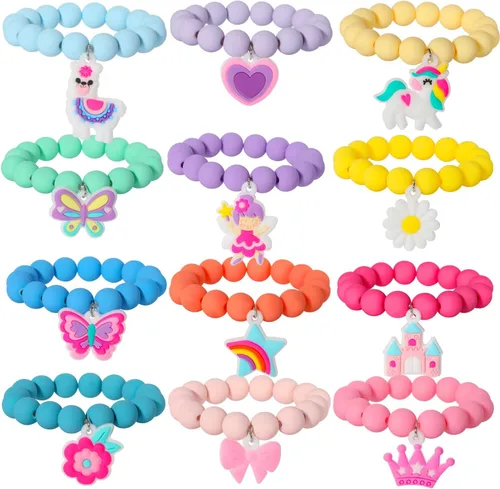 Vista 10 de PinkSheep Pulsera con colgante de cuentas de unicornio para niños y niñas, 6 unidades, arcoíris, monstruo, sol, flor, corazón, meteorito, amuleto