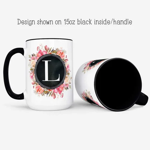 Vista 5 de Taza de café de cerámica con monograma floral con inicial personalizada, 11 oz o 15 oz