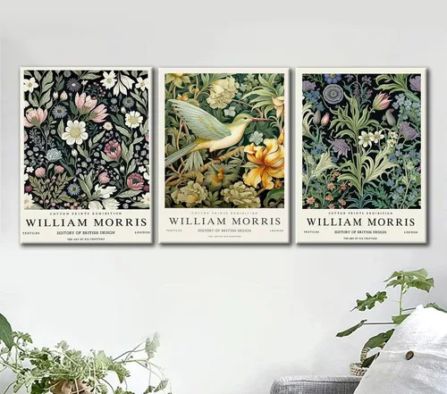 Vista 5 de 3 piezas de lienzo estilo William Morris, arte de pared vintage botánico floral y pájaro, impresiones en lienzo estirado envuelto en galería