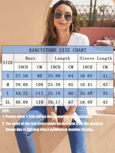 Vista 6 de Kancystore - Blusa de gasa con botones, para mujer, con cuello en V, lazo frontal, manga de 34 y estilo informal
