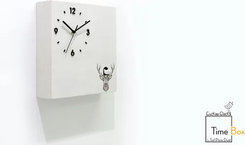 Vista 2 de Modern Cuckoo Bird Time Box Clock - White Chalk Laser Engrave - Wall Mount Pendulum Clock - Deer Head - Forest Animal - Cabin Decor - Antler
