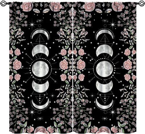 Vista 13 de Cortinas retro de luna, bosque mágico con hojas iluminadas por la luna, cortinas de plantas, diseño gótico floral de cielo estrellado para ventana