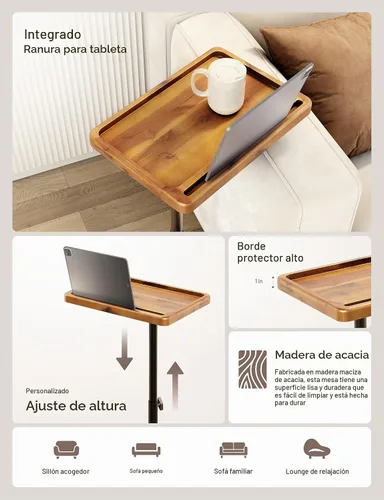 Vista 3 de HOLANA Mesa auxiliar ajustable en forma de C de madera de acacia – Mesa auxiliar giratoria de 360° para sofá – Mesa auxiliar pequeña para iPad
